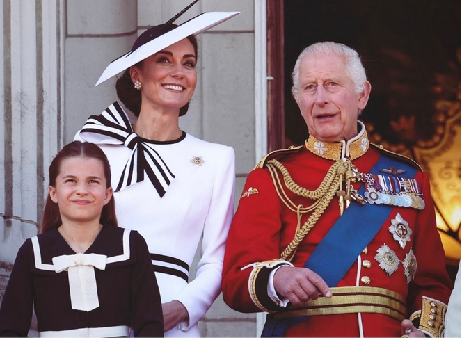 Catherine, Princess of Wales, Princess Charlotte of Wales, and King Charles III on the balcony during Trooping the Colour at Buckingham Palace, on an Instagram post dated June 16, 2024. | Source: Instagram/princeandprincessofwales/