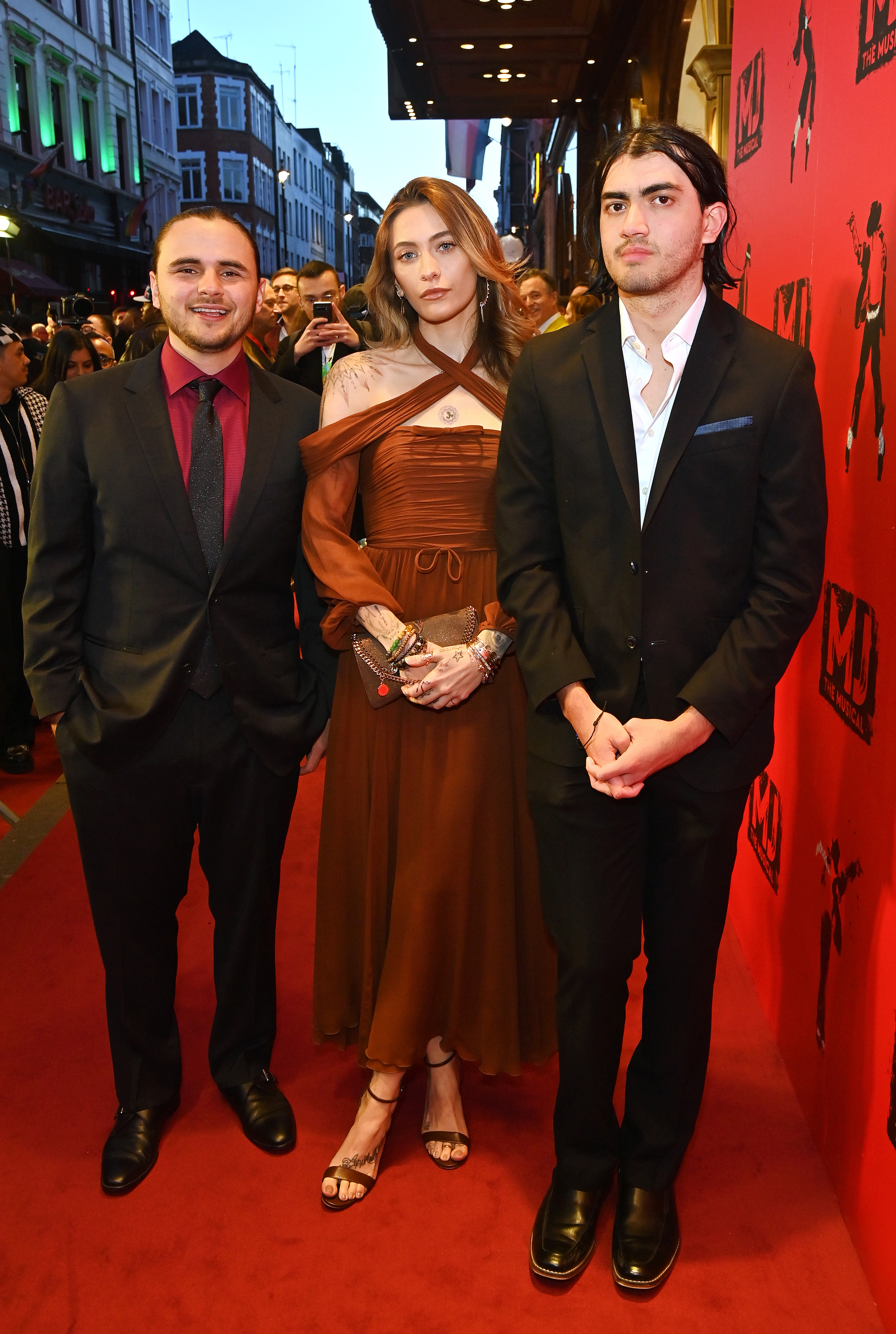 (L to R) Prince, Paris, and Bigi aka Blanket Jackson attend the press night performance of 