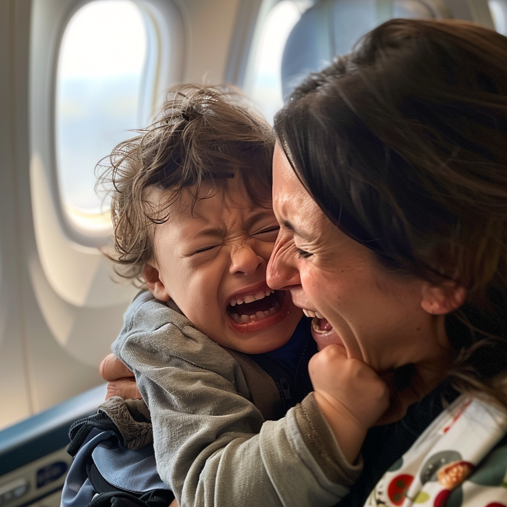 A flustered woman holding a toddler on a flight | Source: Midjourney