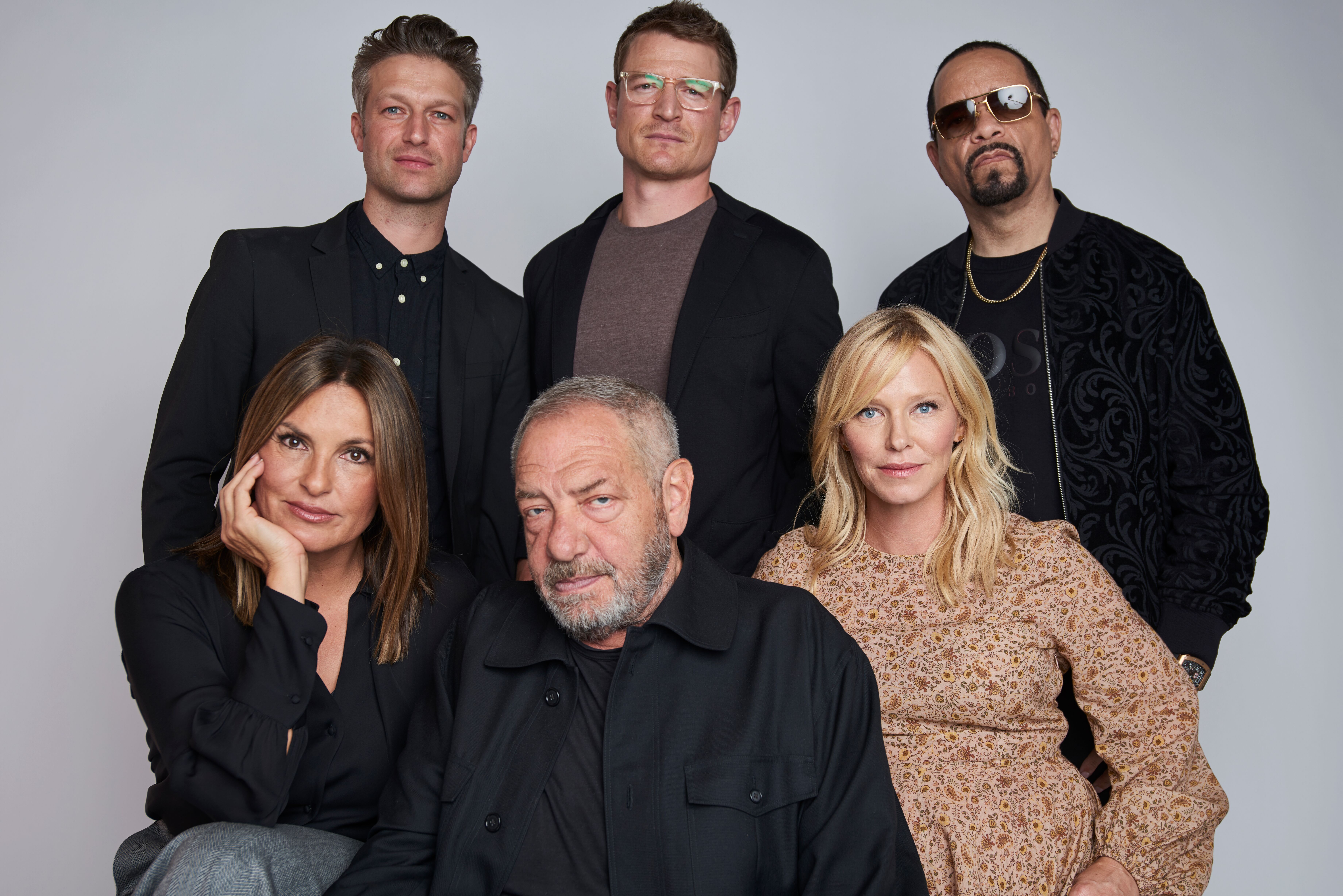 Mariska Hargitay, Peter Scanavino, Dick Wolf, Kelli Giddish, Ice-T, and Philip Winchester of NBC's Law & Order: SVU pose  | Getty Images