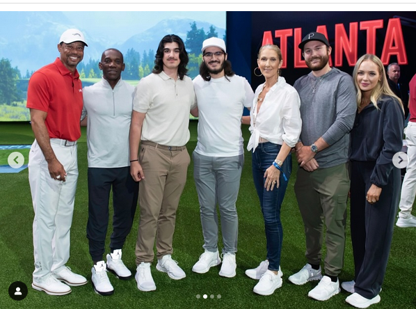 Celine Dion poses with Tiger Woods, alongside René-Charles, Eddy, Nelson, and other friends, from a post dated March 6, 2025 | Source: Instagram/celinedion