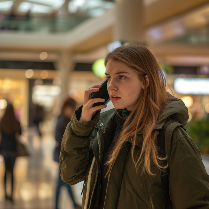 A worried young woman talking on her phone in a shopping mall | Source: Midjourney