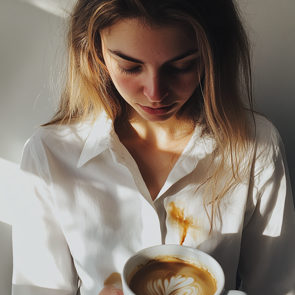 A woman with a coffee stain on her shirt | Source: Midjourney