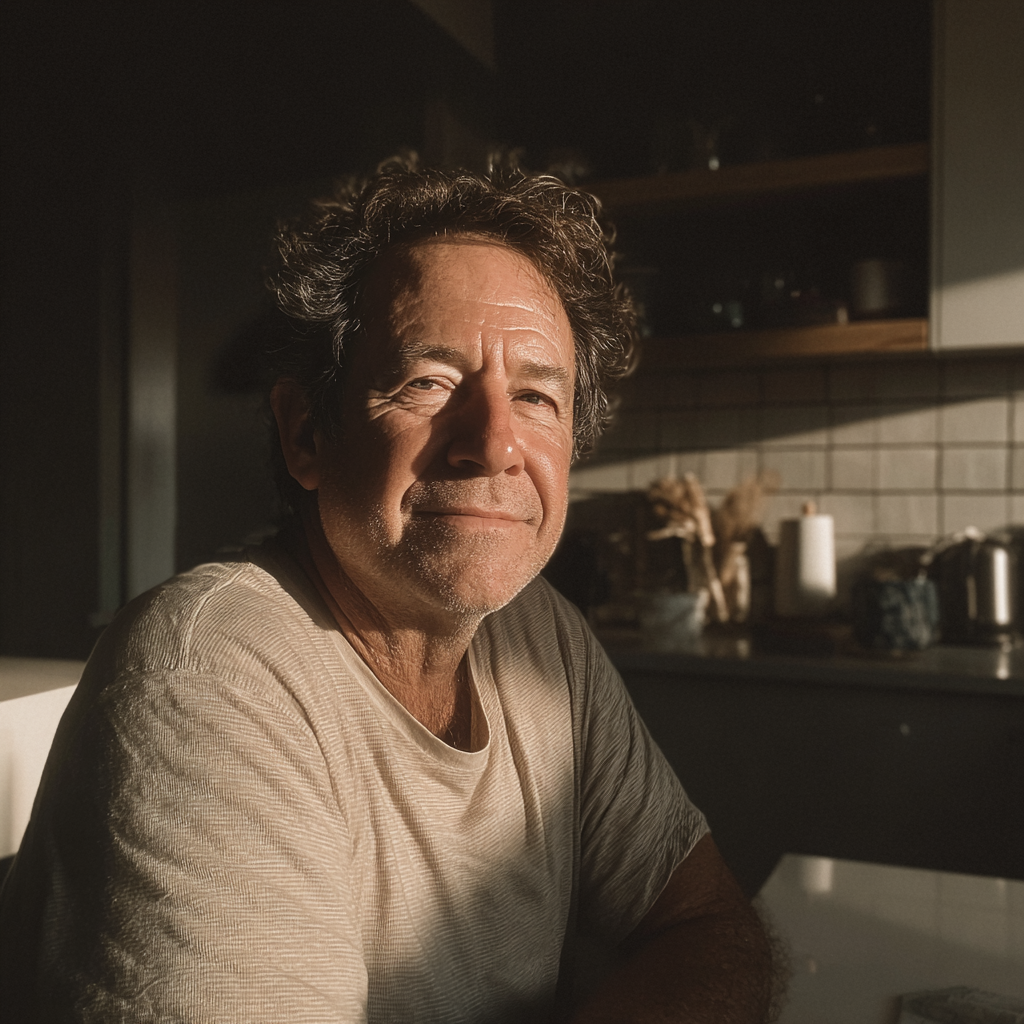A smiling man sitting at a kitchen table | Source: Midjourney