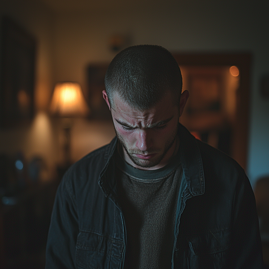 A man looks down while standing in his living room | Source: Midjourney