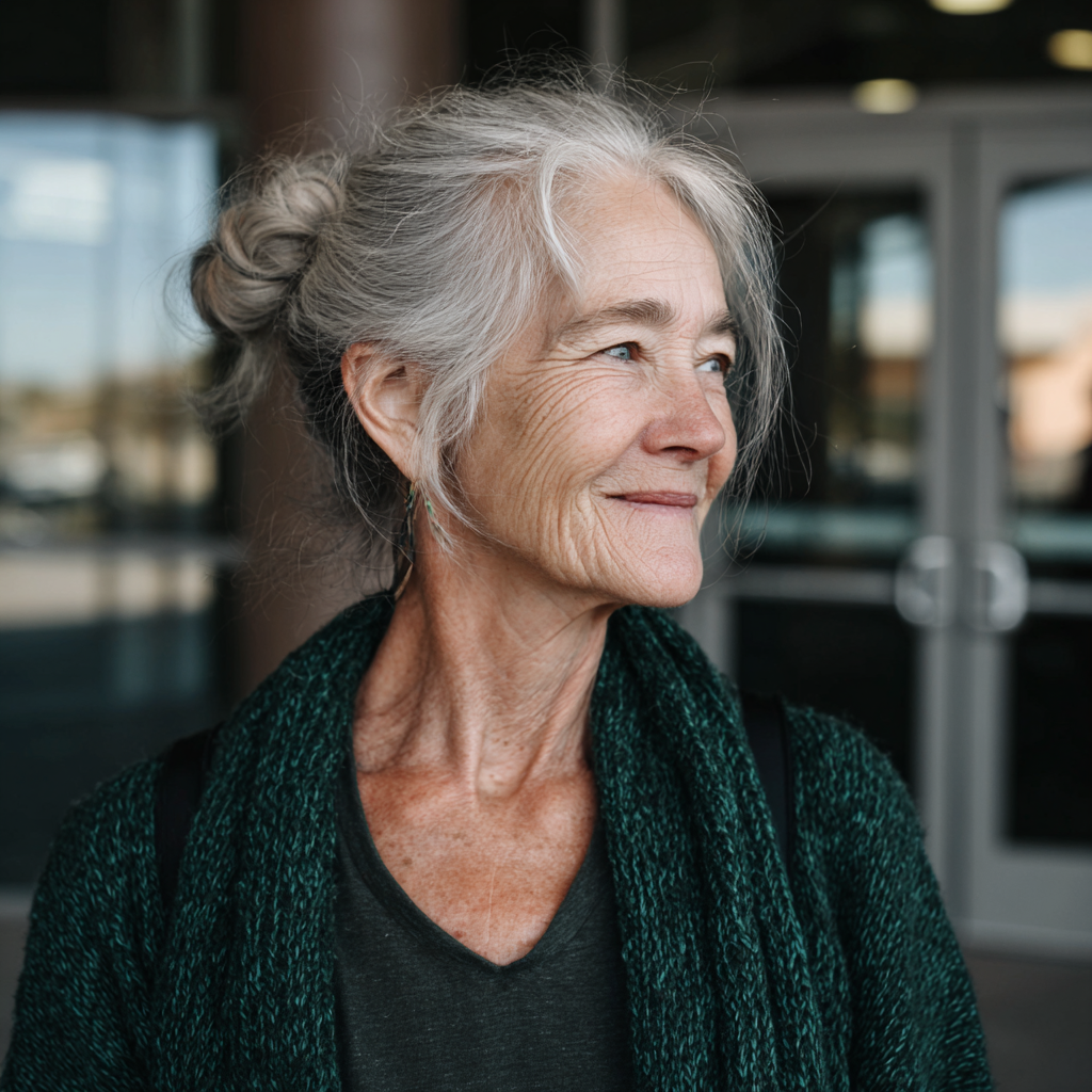 A smiling woman standing outside a community center | Source: Midjourney