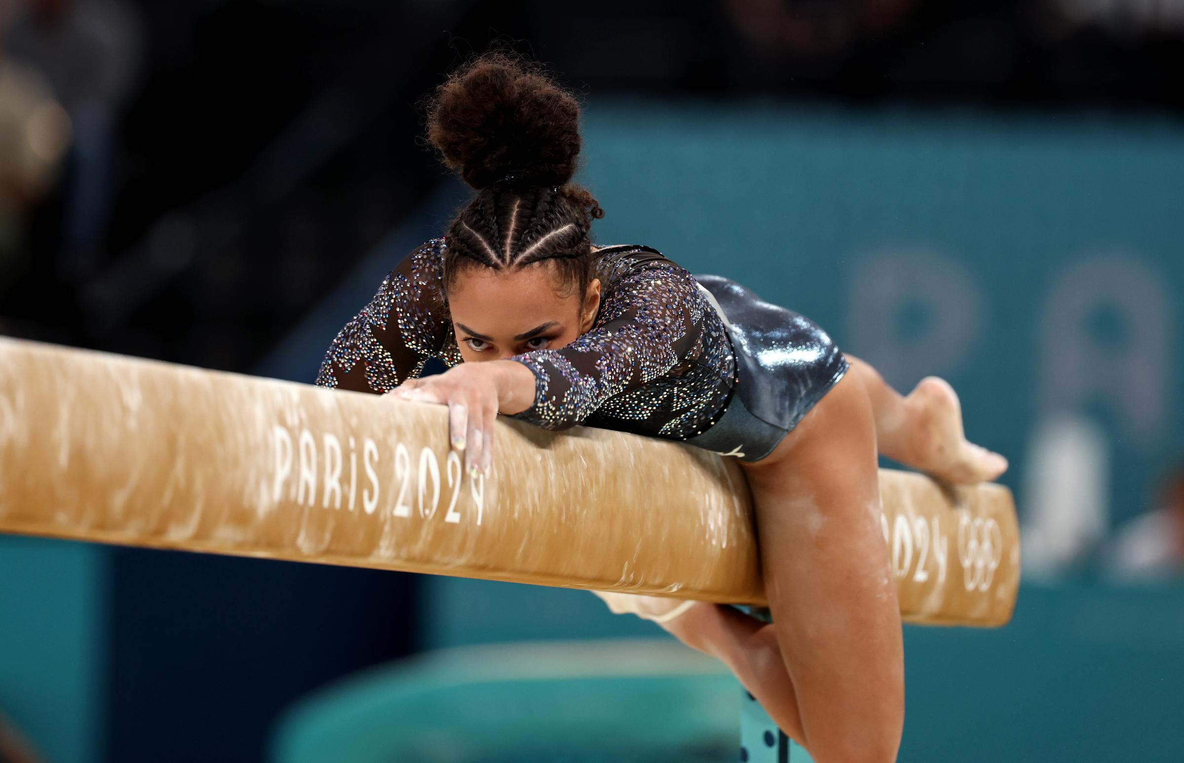 Hezly Rivera of Team US competes on the balance beam during the Artistic Gymnastics Women's Qualification at the Paris Olympic Games on July 28, 2024, in Paris, France | Source: Getty Images