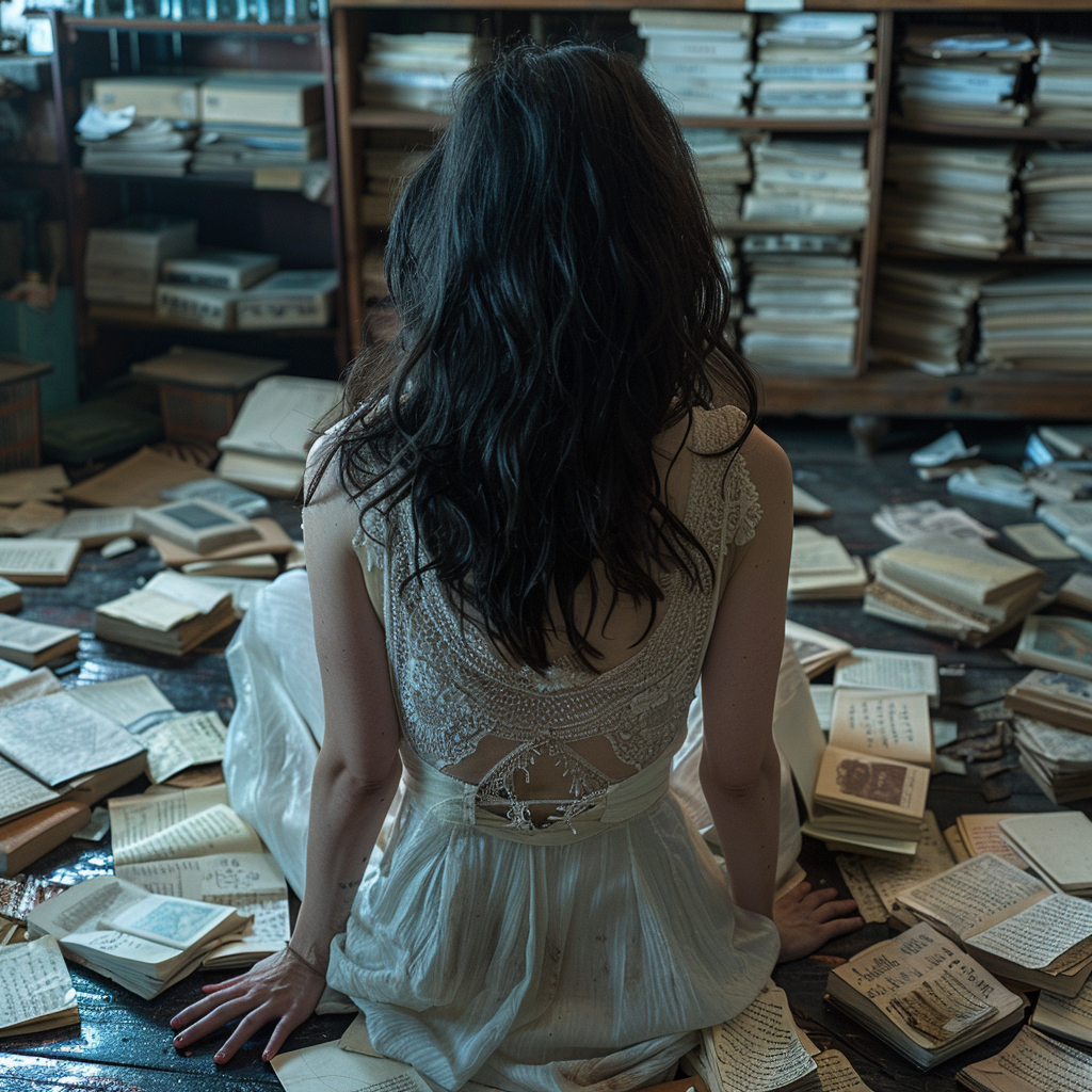 Ursula sits surrounded by all the postcards and letters | Source: Midjourney