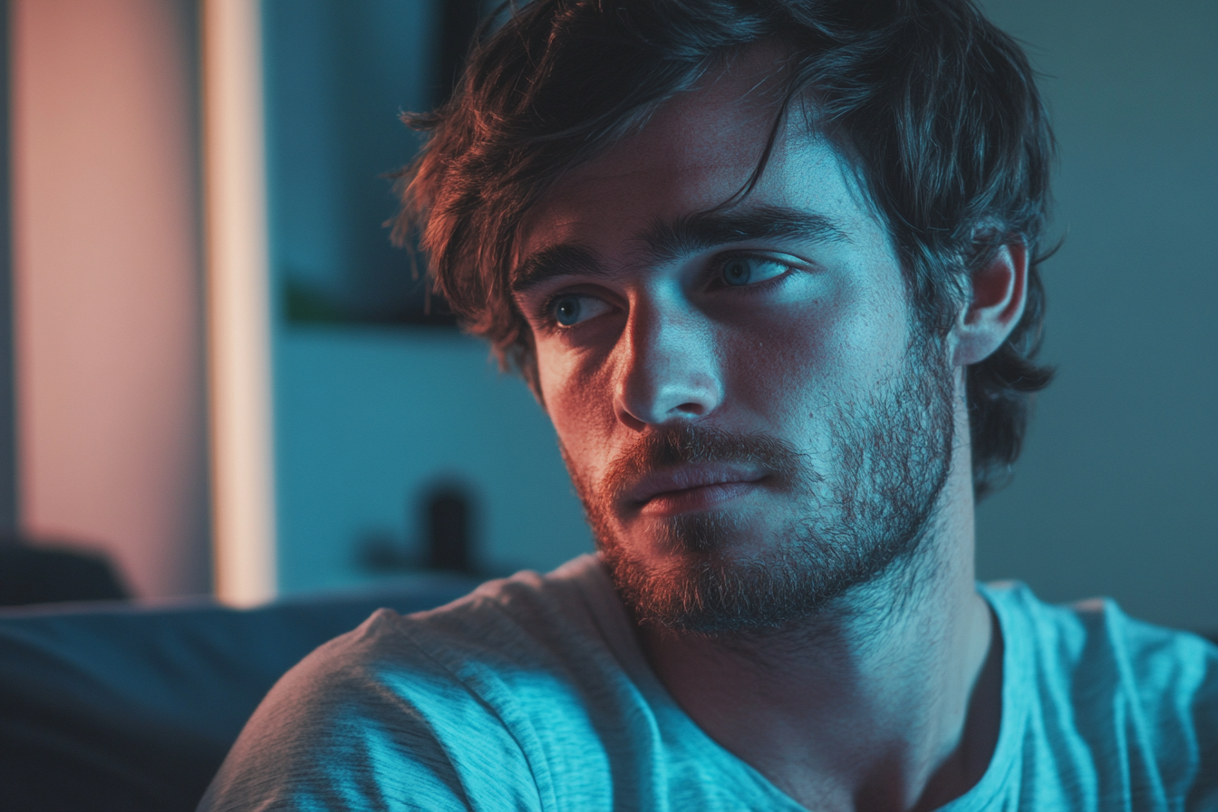 A young man sitting on a couch | Source: Midjourney