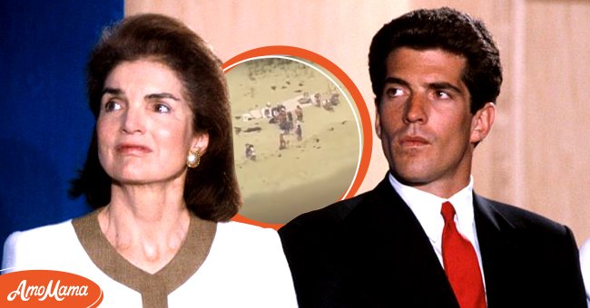 Jacqueline Bouvier Kennedy-Onassis and John Fitzgerald Kennedy Jr. at the John F. Kennedy Library on May 29, 1991 (Full center), Plane crash site of John F. Kennedy Jr. (Middle circle) | Photo: Getty Images, Youtube.com/AP Archive