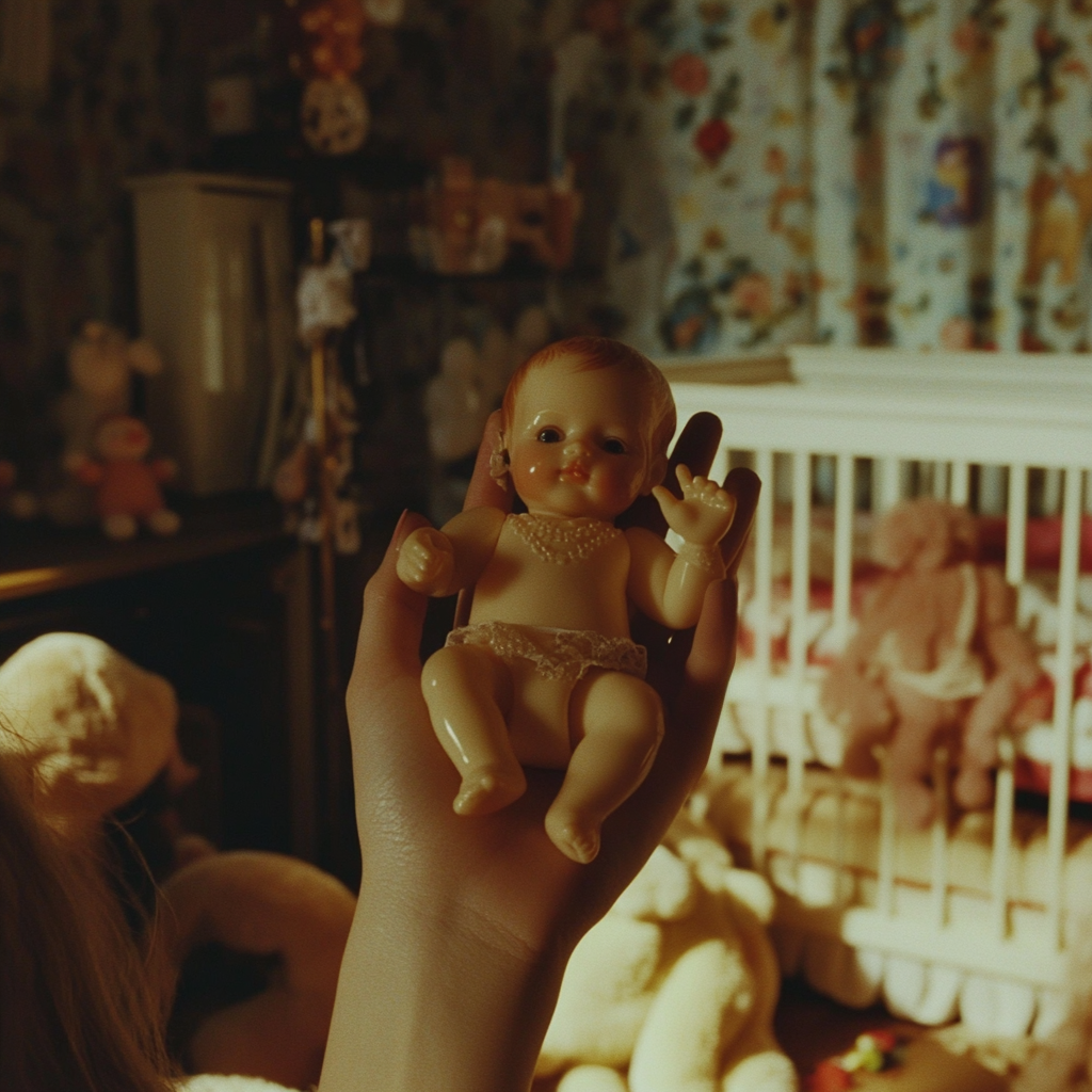 A woman holding a plastic doll of a newborn baby | Source: Midjourney