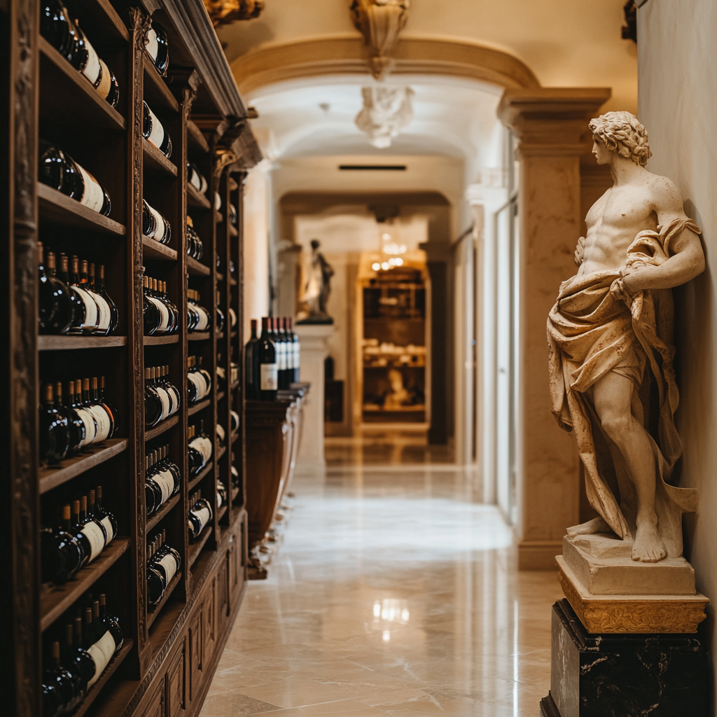 The interior of a fancy house with a wine cellar and a marble statue in the foyer | Source: Midjourney