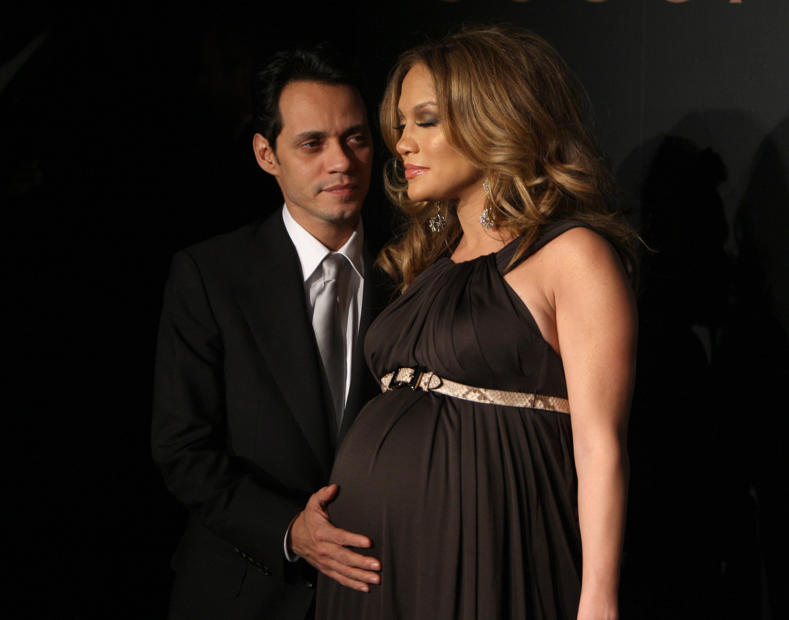 A pregnant Jennifer Lopez with her ex-husband Marc Anthony photographed during Mercedes-Benz Fashion Week Fall 2008 at The Salon at Bryant Park, New York City, February 6, 2008 | Source: Getty Images