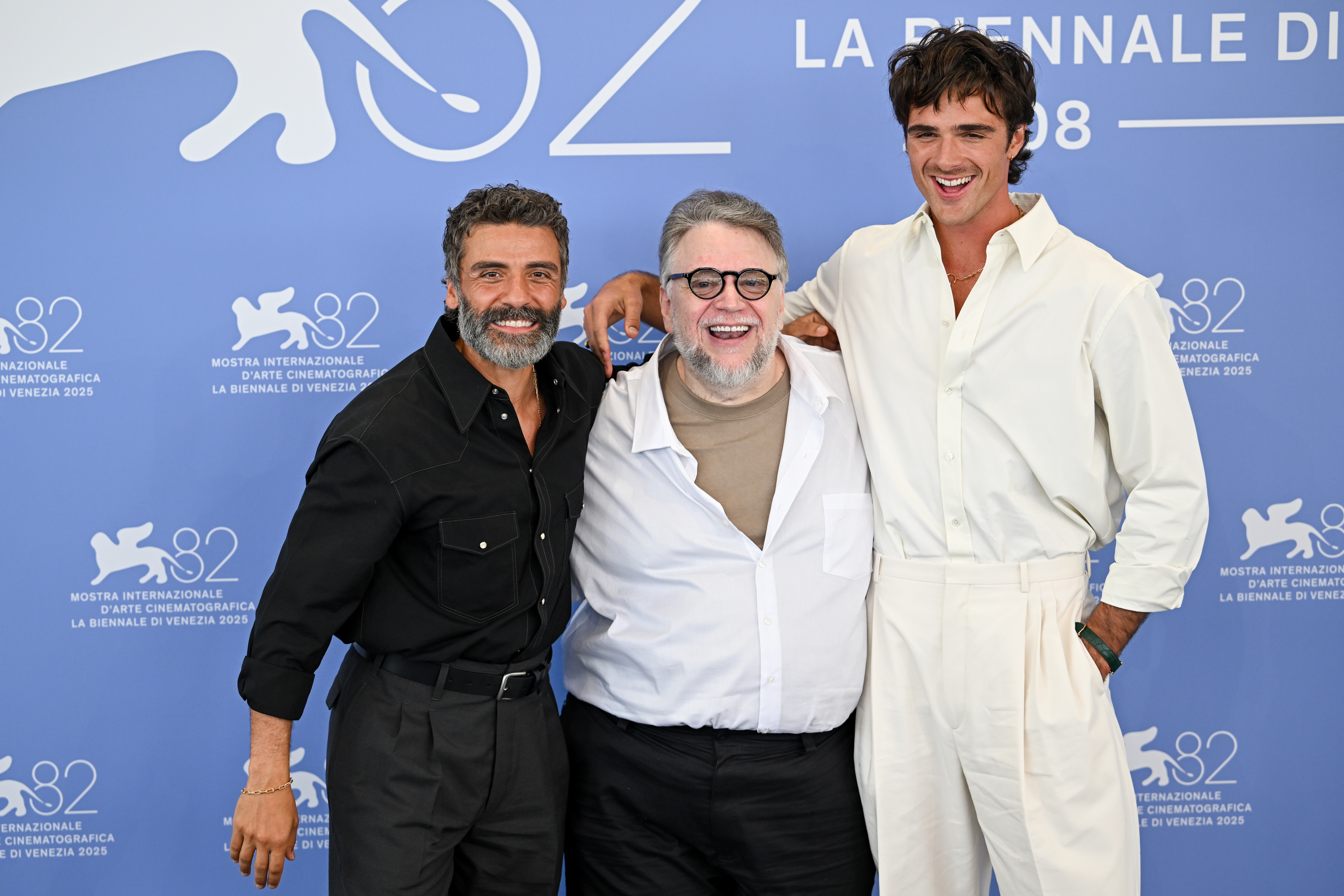 Jacob Elordi, Oscar Isaac, and Guillermo del Toro attend the "Frankenstein" photocall during the 82nd Venice International Film Festival in Italy on August 30, 2025 | Source: Getty Images