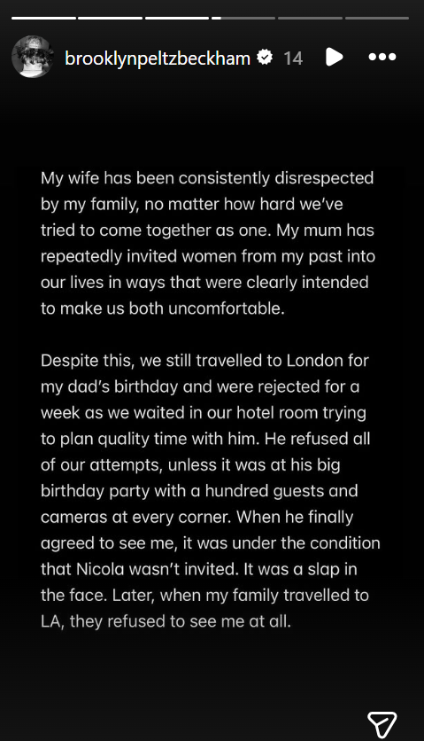 Brooklyn Beckham says his family dis respects his wife, Nicola, from a post dated January 19, 2026. | Source: Instagram Stories/brooklynpeltzbeckham