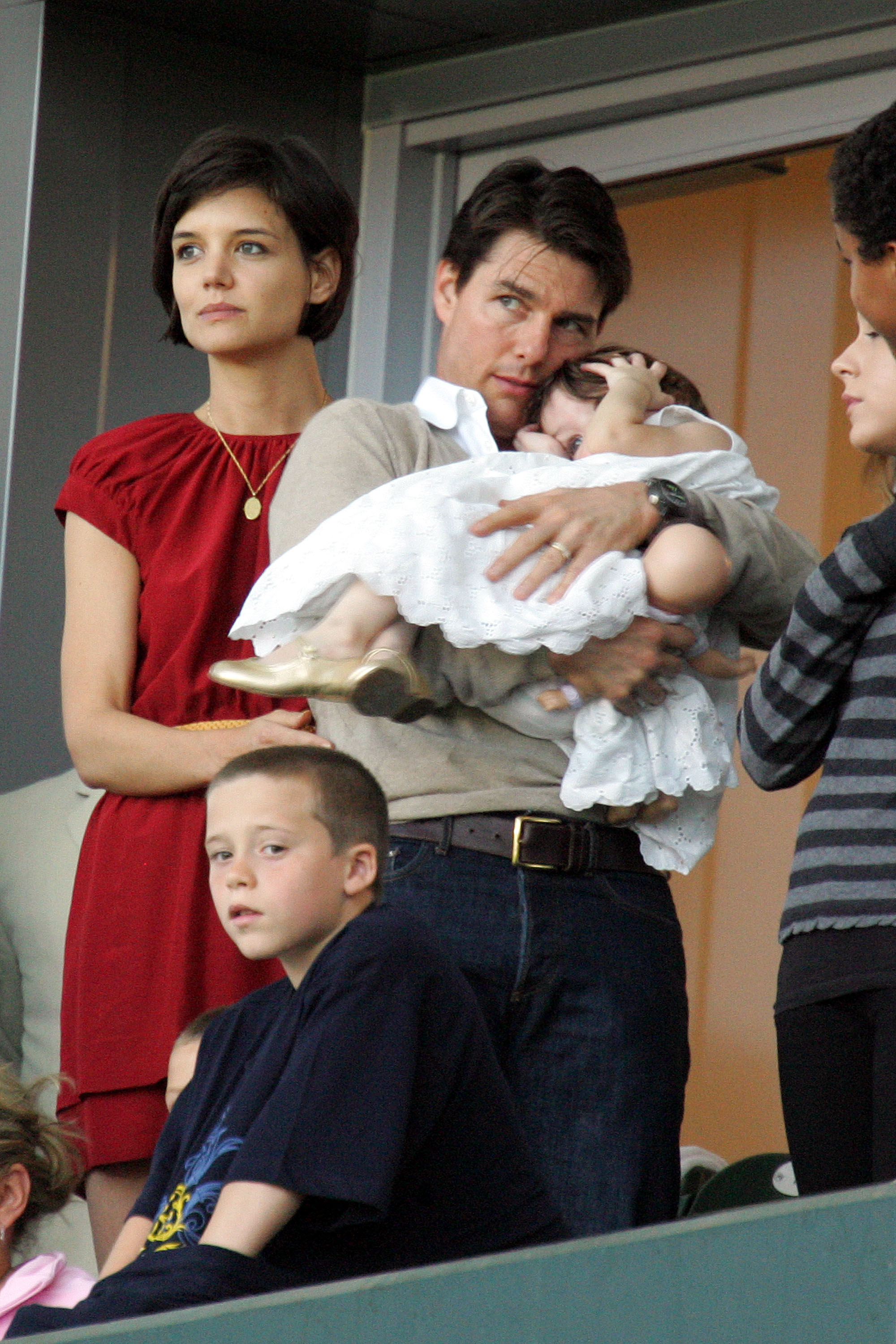 Brooklyn Beckham, Tom Cruise, Katie Holmes, and Suri Cruise watch the Major League Soccer match between New York Red Bulls and LA Galaxy at the Home Depot Center on May 10, 2008, in Carson, California | Source: Getty Images