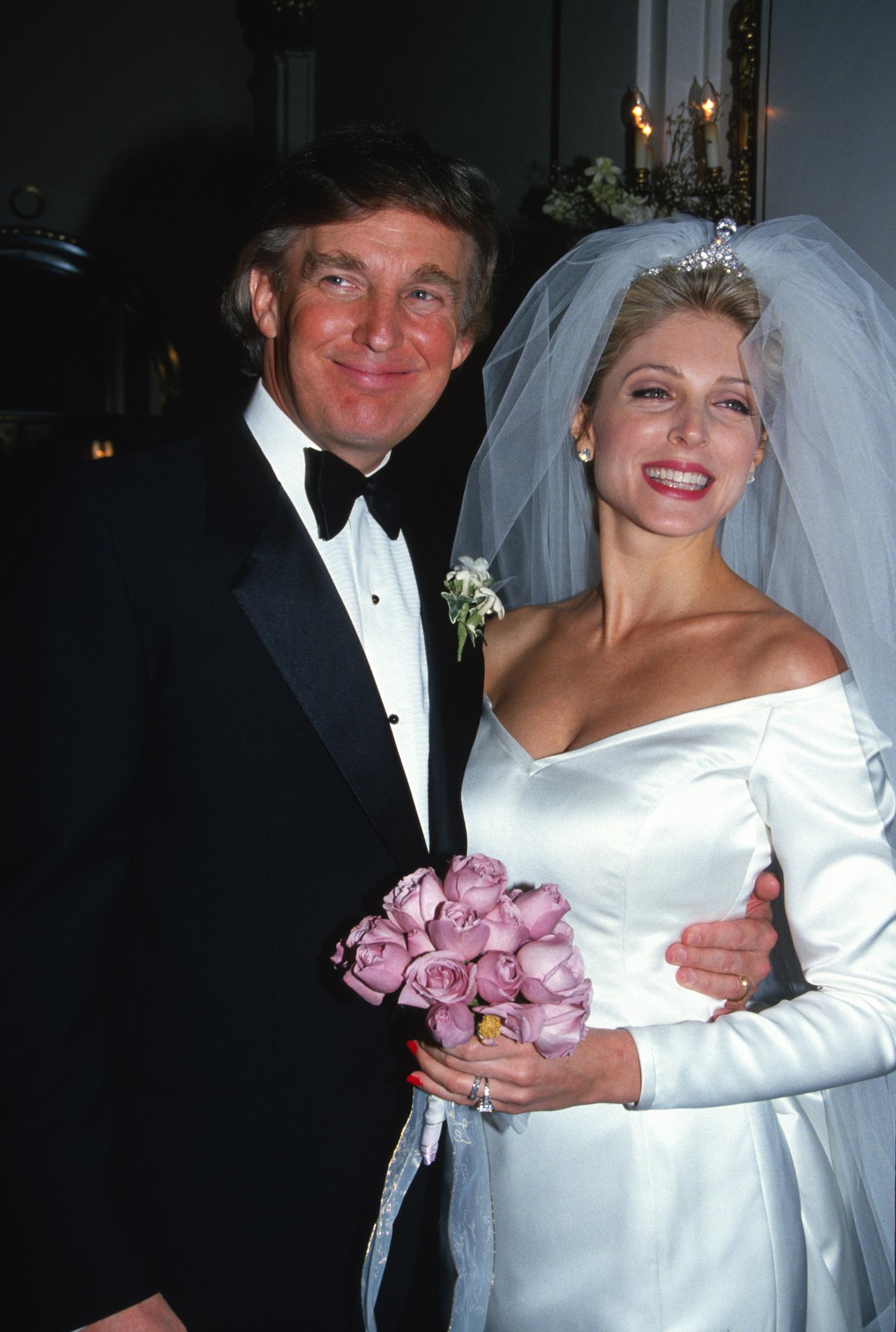 Donald Trump and Marla Maples pose on their wedding day at The Plaza Hotel on December 20, 1993, in New York City. | Source: Getty Images