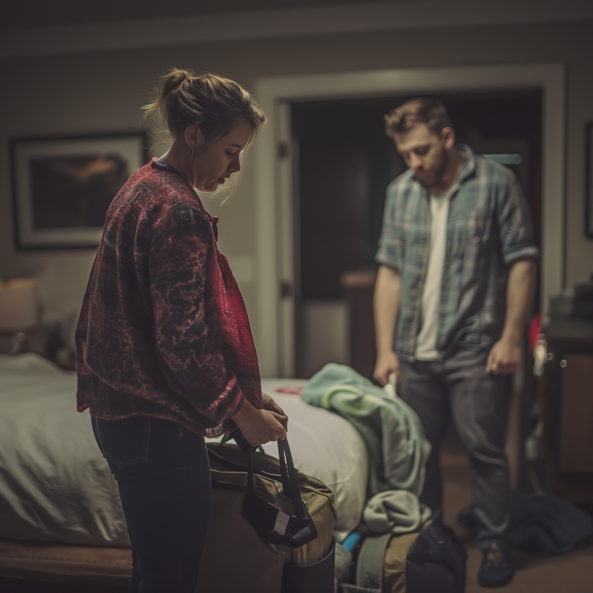 A woman holding her bags after an argument with her husband | Source: Midjourney