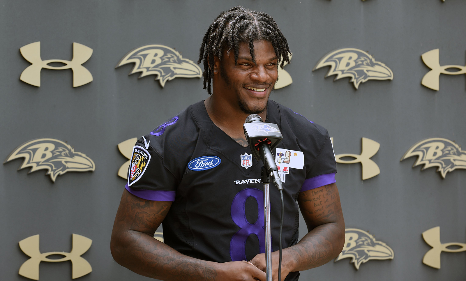 Lamar Jackson addresses the media during a press conference in July 2022. | Source: Getty Images
