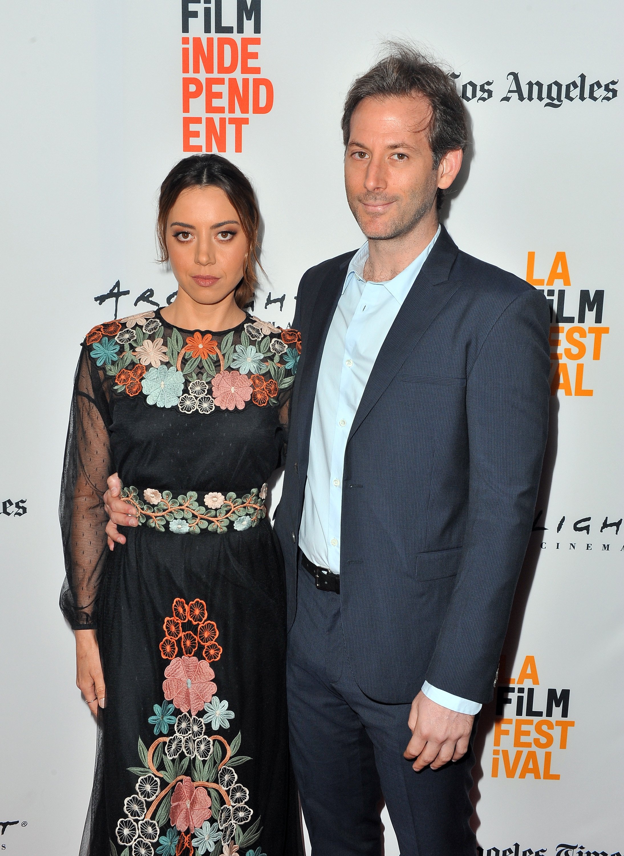 Aubrey Plaza and Jeff Baena pose on the red carpet at the screening of "The Little Hours" during the 2017 Los Angeles Film Festival on June 19, 2017, in Culver City | Source: Getty Images