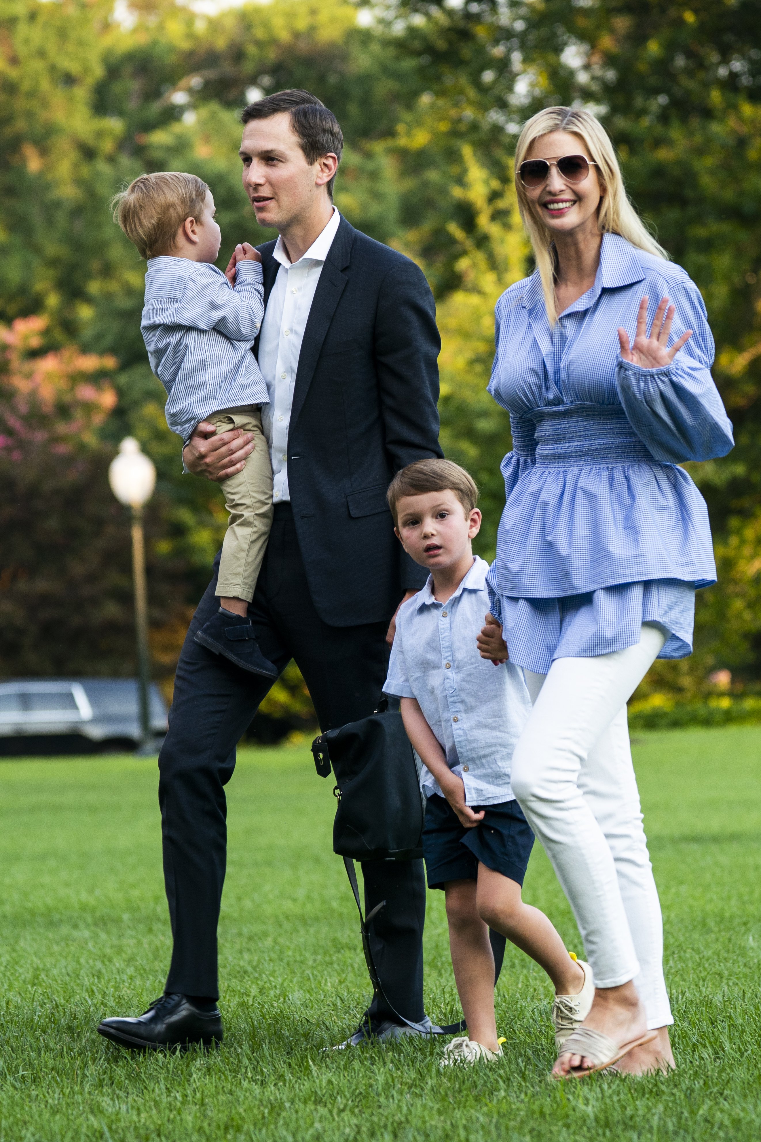     Ivanka Trump and her husband Jared Kushner walk with their children Theodore (L) and Joseph (CR) across the South Lawn upon their return from a weekend in Bedminster, New Jersey to the White House on July 29, 2018 in Washington, D.C. DC |  Source: Getty Images