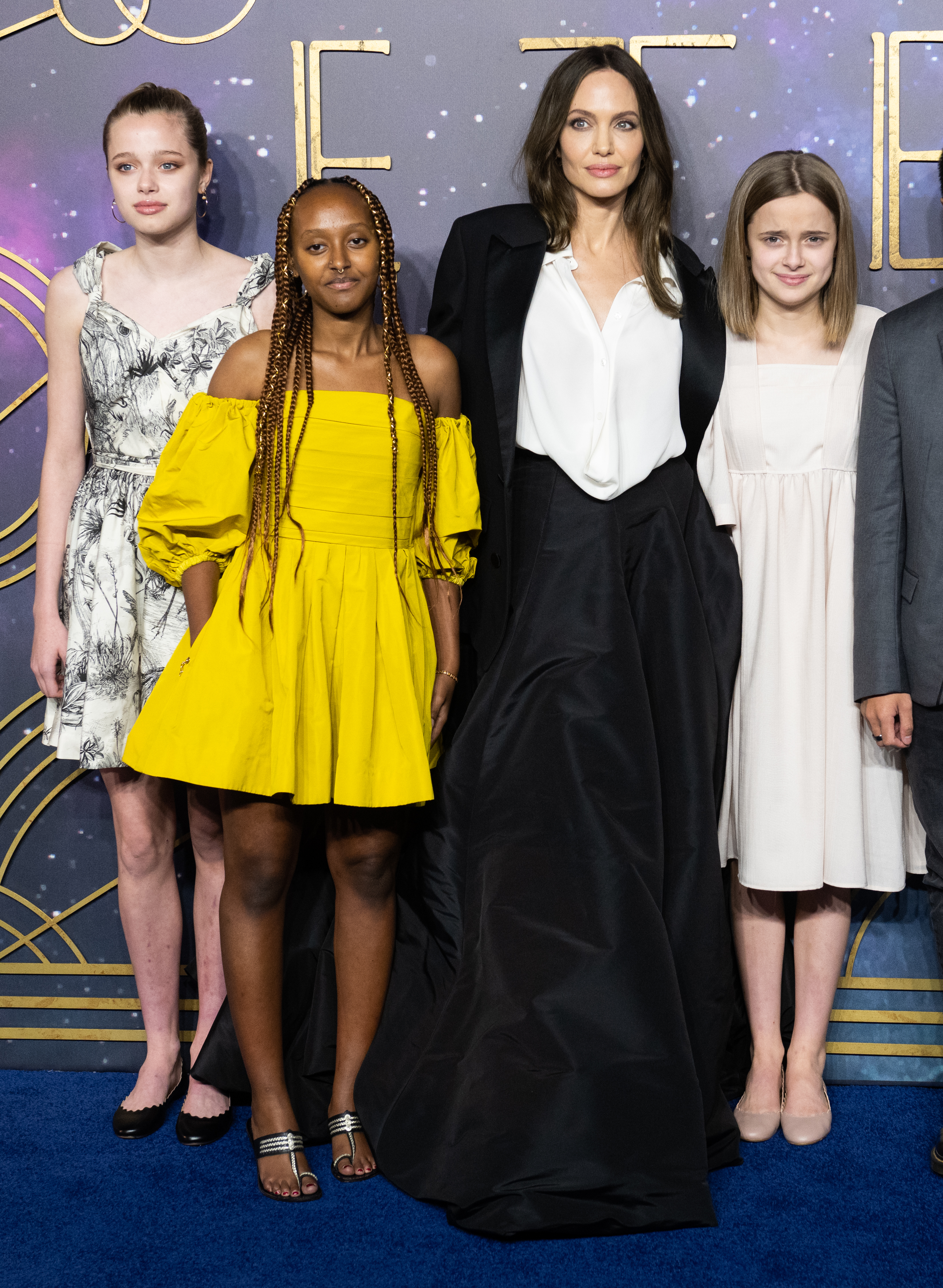 Shiloh Jolie-Pitt, Zahara Jolie-Pitt, Angelina Jolie, Vivienne Jolie-Pitt at BFI IMAX Waterloo on October 27, 2021 in London, England | Source: Getty Images