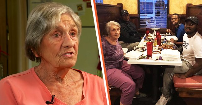 A widow who was eating alone the day before her marriage anniversary [left] Elderly woman eats with a group of caring youngsters [right] | Photo: youtube.com/CBS Evening News