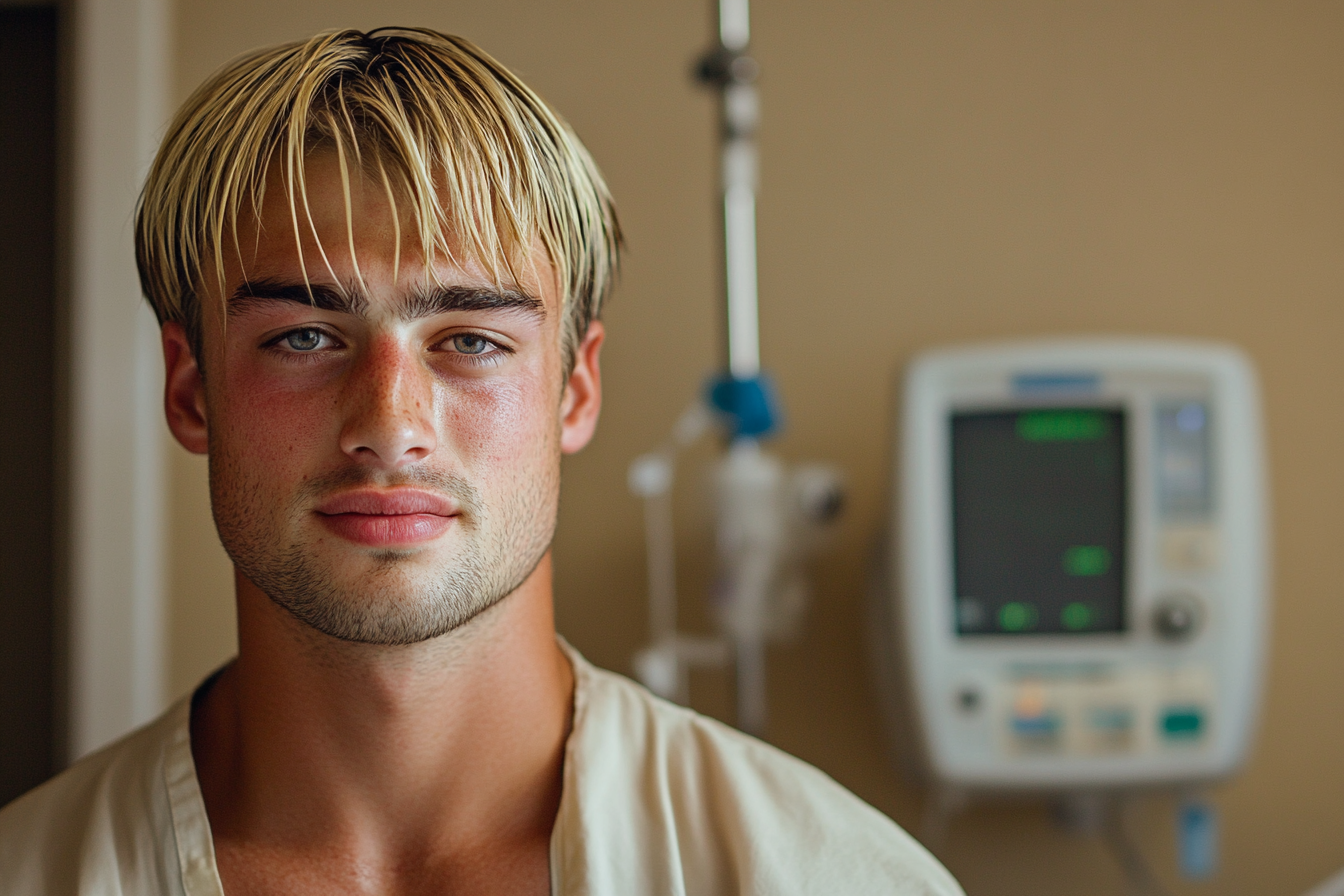 A man in a hospital room smiling faintly | Source: Midjourney