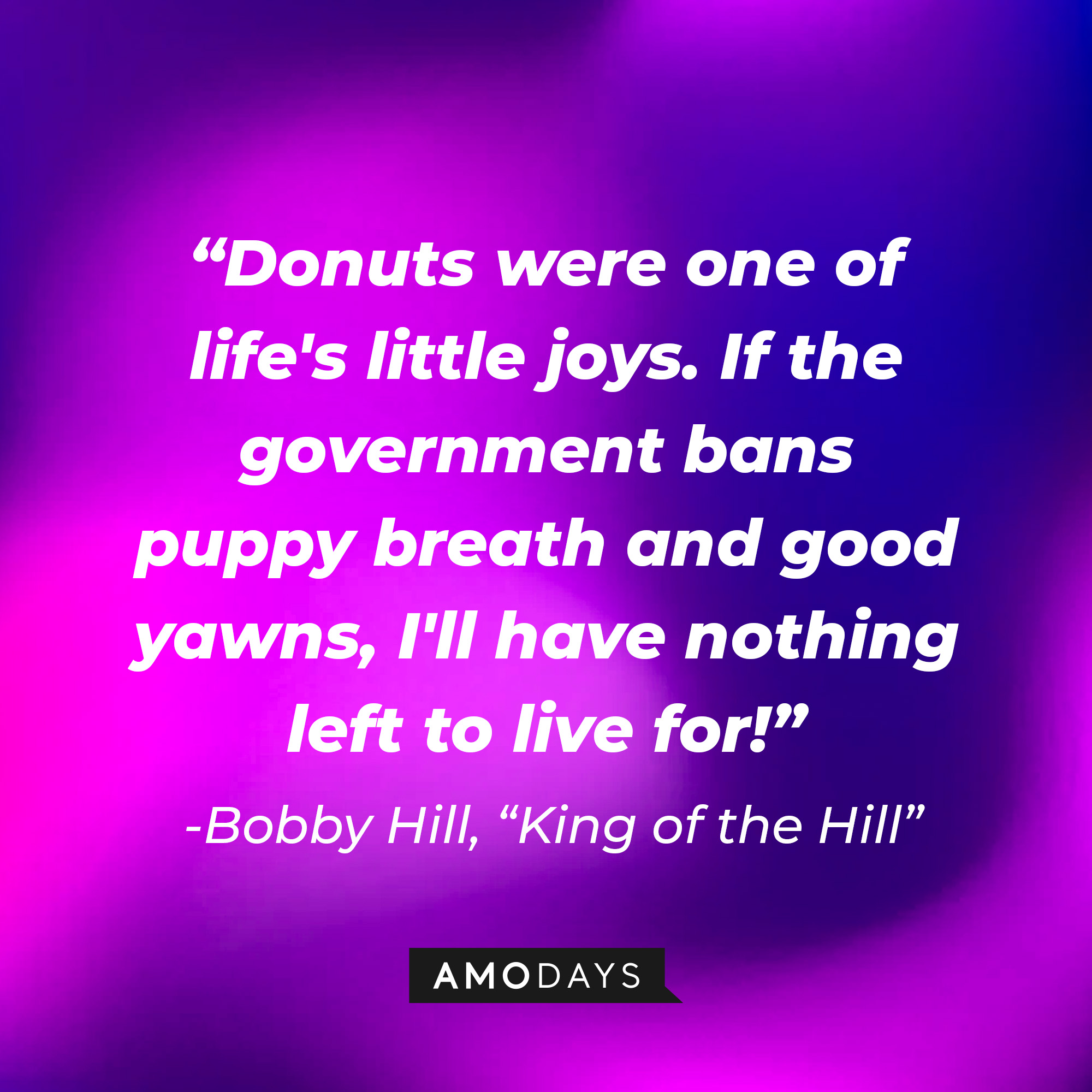 Bobby Hill with his quote, "Donuts were one of life's little joys. If the government bans puppy breath and good yawns, I'll have nothing left to live for!" | Source: facebook.com/kingofthehillfan