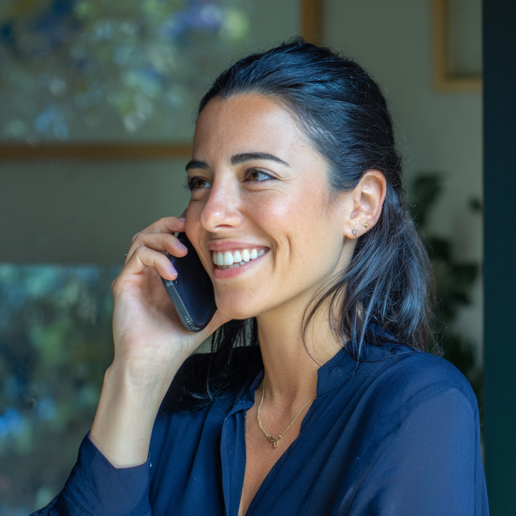A smiling woman talking on a phone | Source: Midjourney