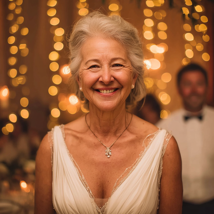 A senior woman in a white dress at a wedding | Source: Midjourney