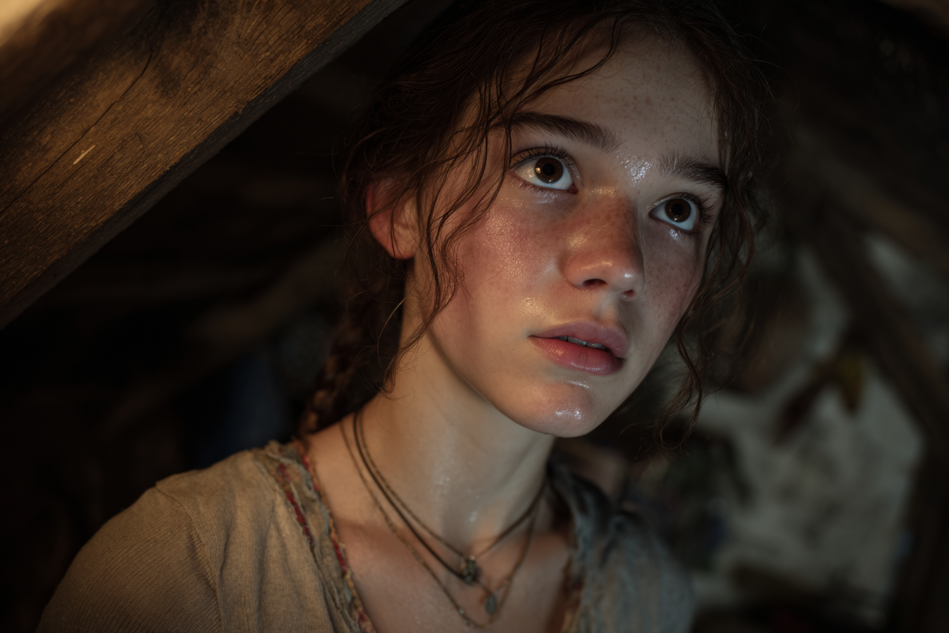 A young girl standing in an attic | Source: Midjourney