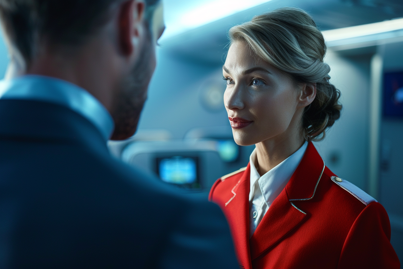 A man talking to a flight attendant | Source: Midjourney