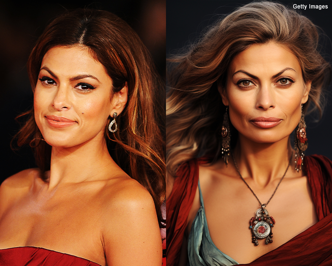 Eva Mendes in real life | An AI depiction of what Eva Mendes might look like in 20 years | Source: Getty Images | Midjourney