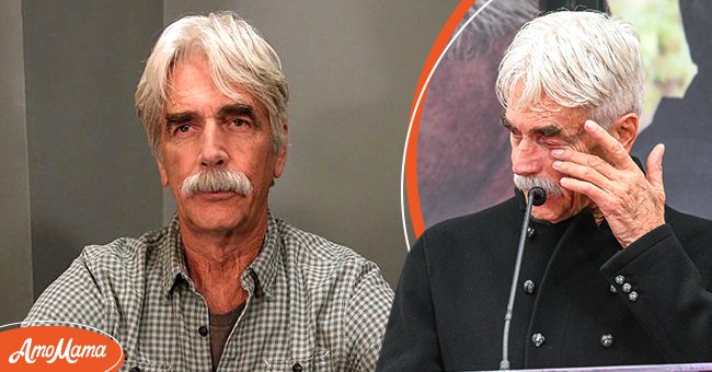Headshot photo of actor, Sam Elliot. [Left] | Actor Sam Elliot wiping tears off his eyes while speaking at an event. [Right] | Photo: Getty Images