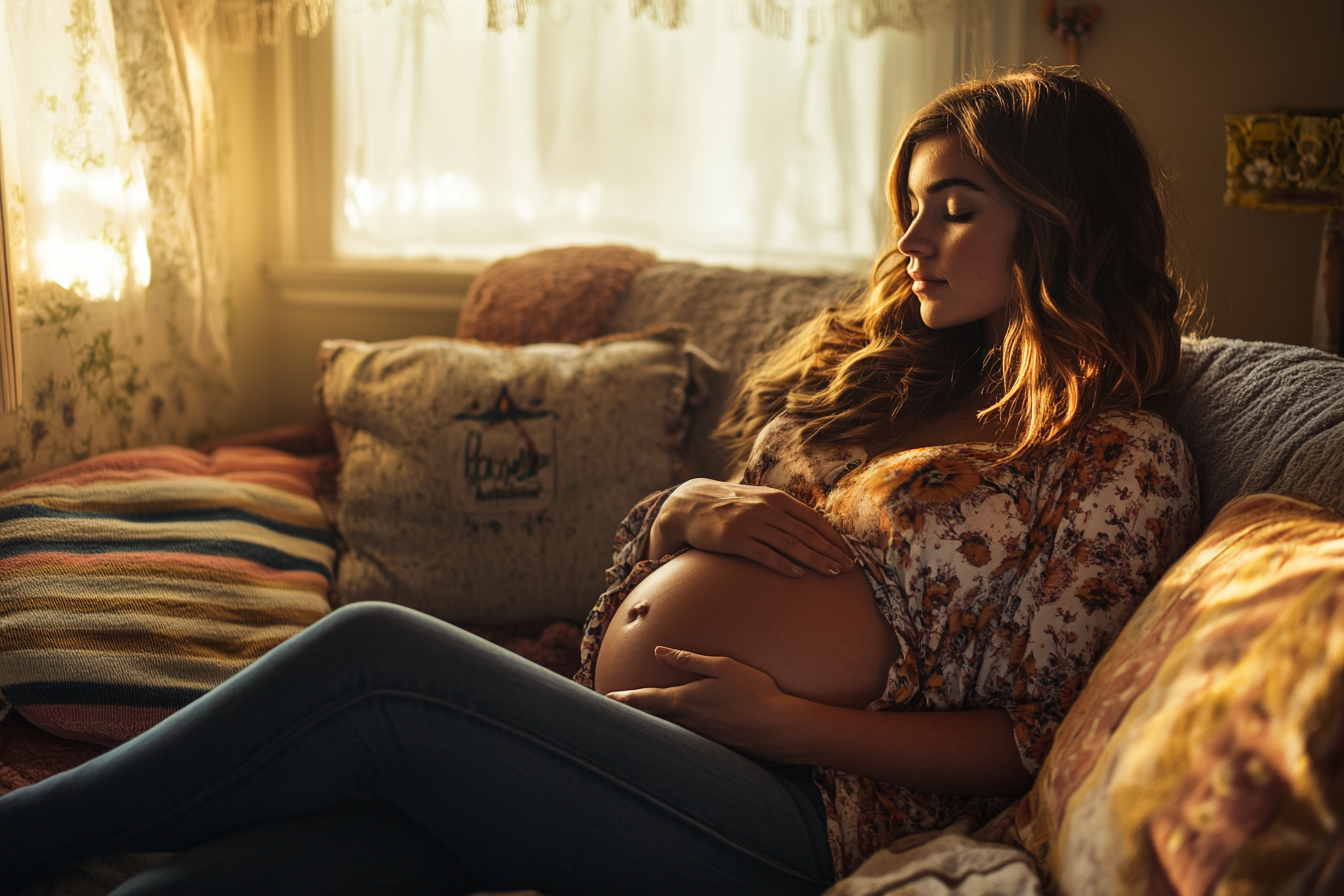 A pregnant woman sitting on the couch | Source: Midjourney