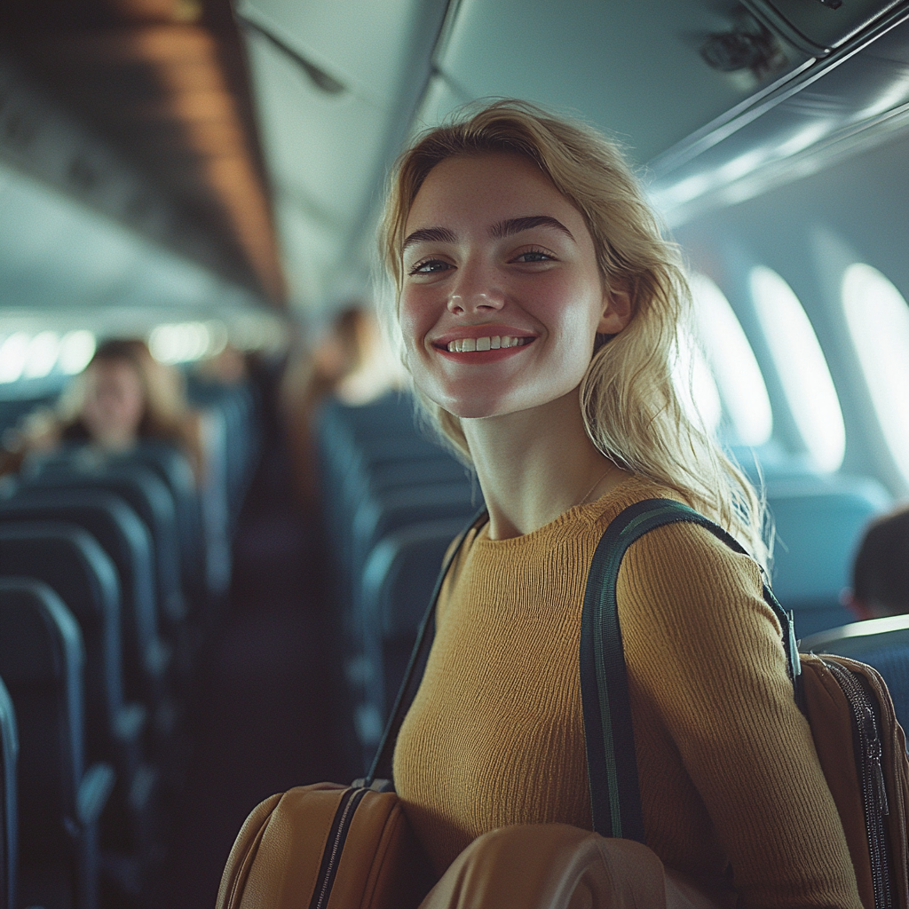 A woman carrying her luggage on a plane | Source: Midjourney