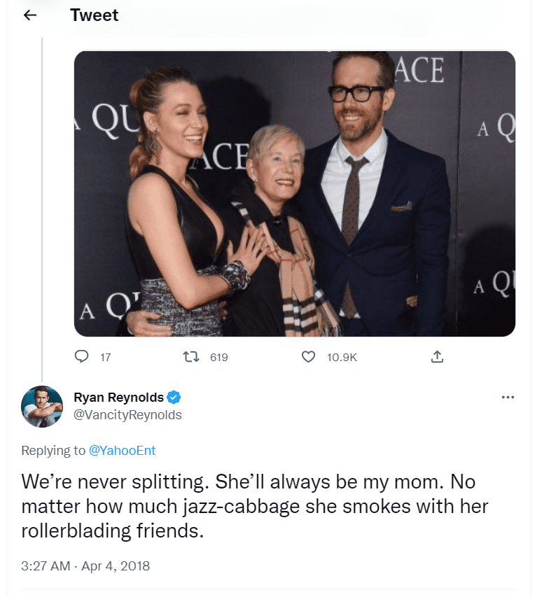 Ryan Reynolds' response to a Yahoo Entertainment post on April 4, 2018 | Source: Twitter/@vancityreynolds