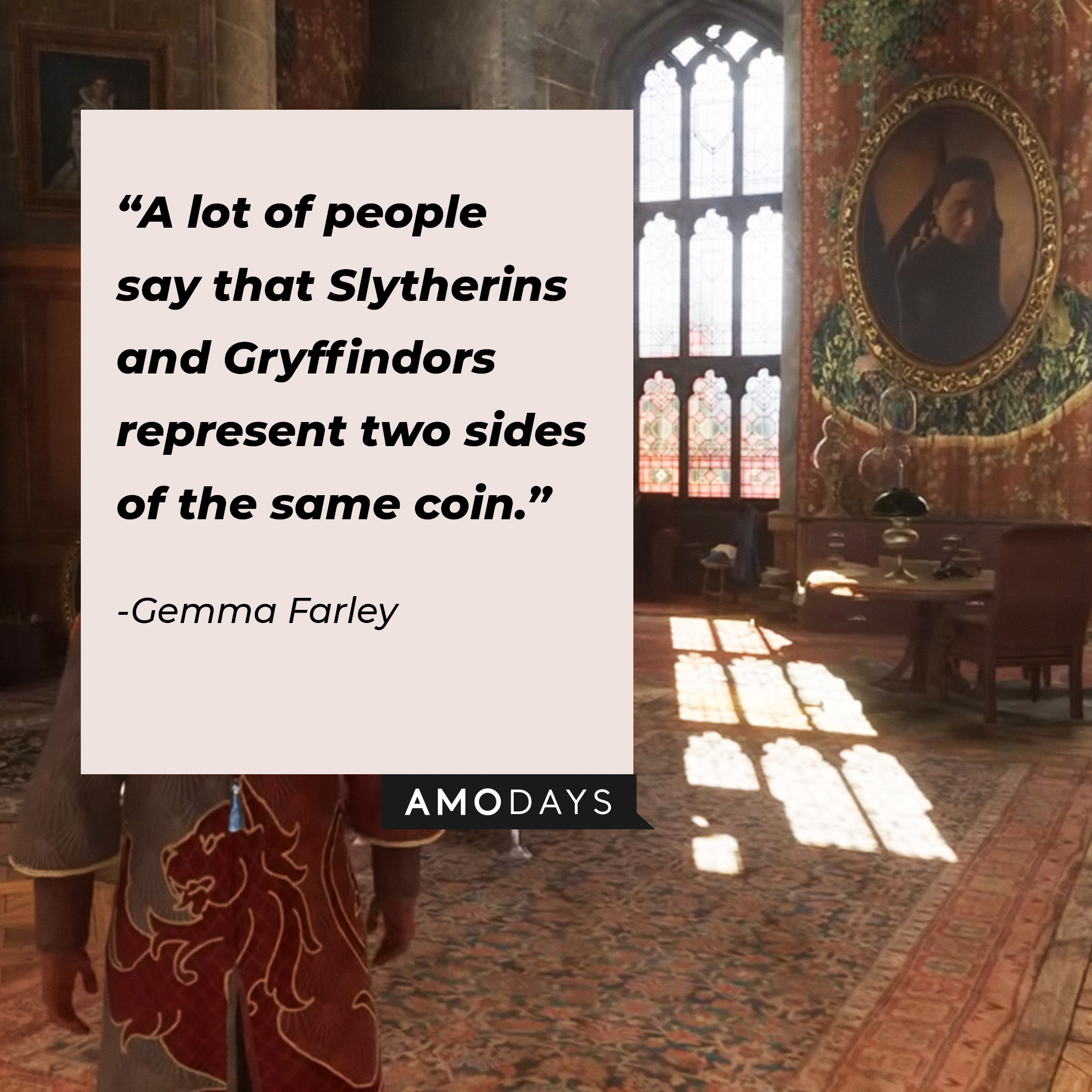 Gemma Farley's quote: "A lot of people say that Slytherins and Gryffindors represent two sides of the same coin." | Source: Youtube.com/HogwartsLegacy