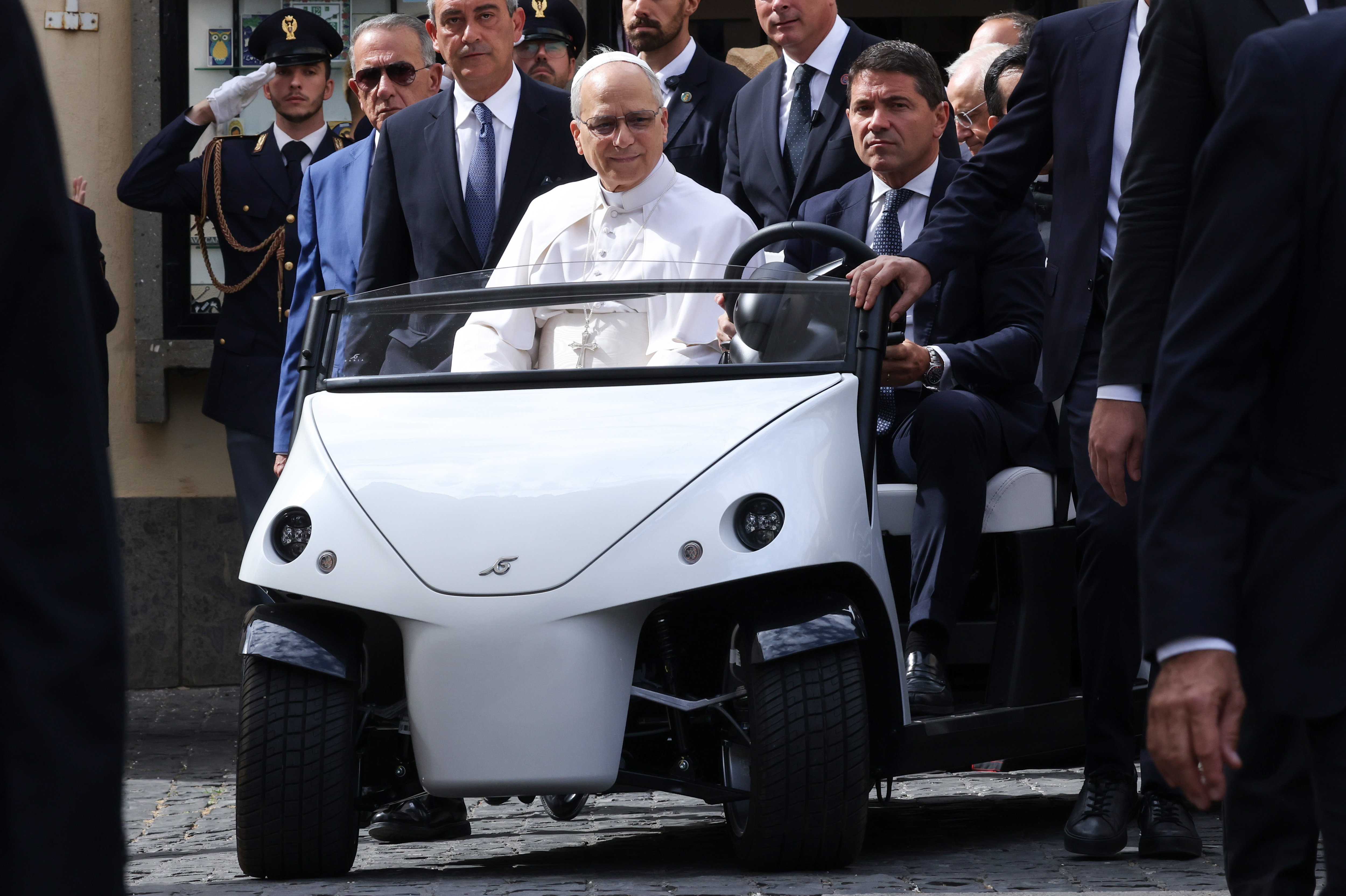 Pope Leo XIV arrives at the Parish of St. Thomas of Villanova in Castel Gandolfo for the Sunday Mass on July 13, 2025, in Albano Laziale, Italy. | Source: Getty Images