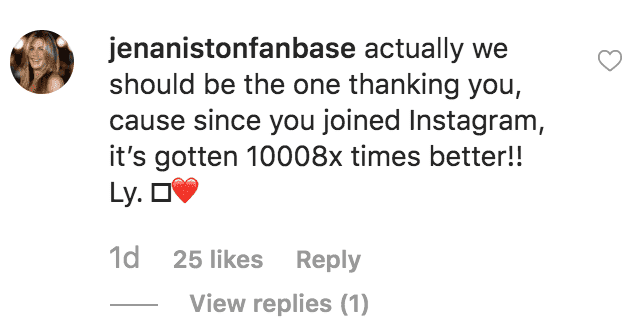 Un fan commente Jennifer Aniston atteignant 20 millions d'adeptes sur Instagram | Source: Instagram.com/jenniferaniston