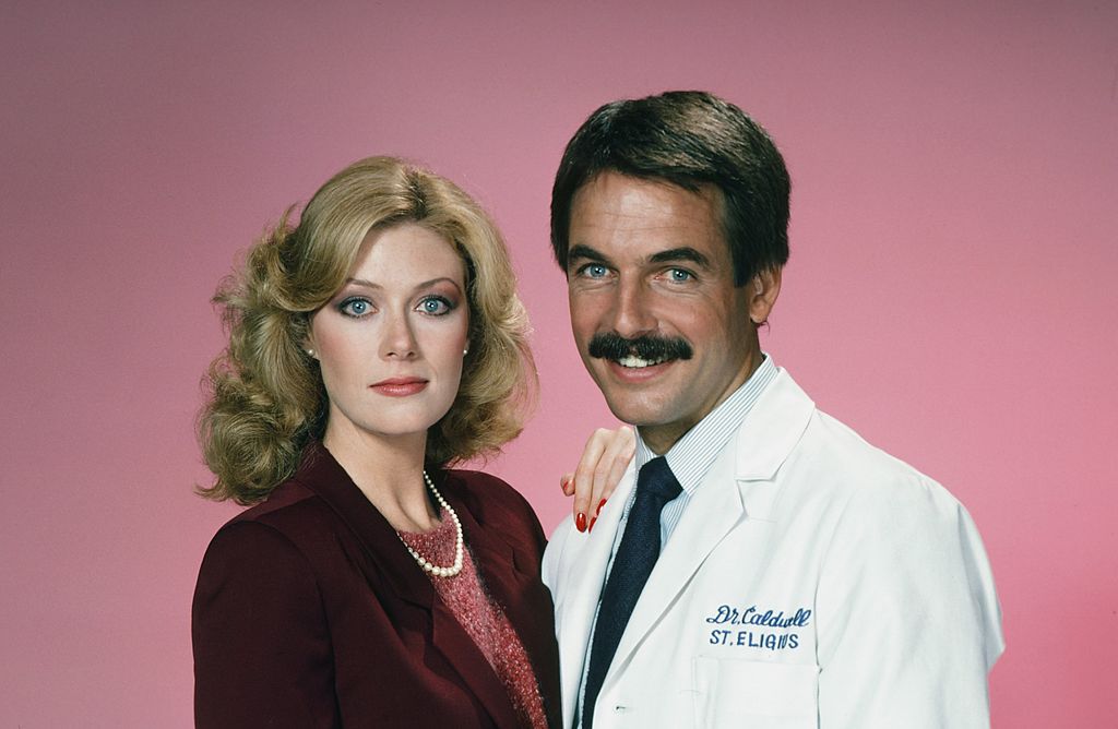  Nancy Stafford as Joan Halloran, Mark Harmon as Doctor Robert Caldwell on the set of "St. Elsewhere" on March 03, 2012 | Photo: Getty Images