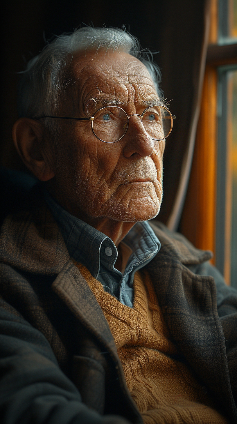 A sad grandfather looking out the window | Source: Midjourney