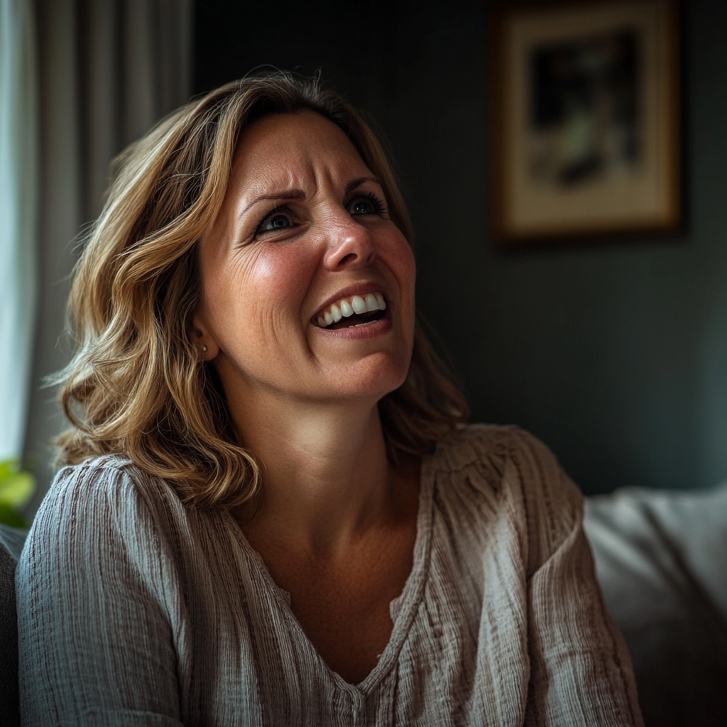 A woman laughs bitterly while looking at someone | Source: Midjourney