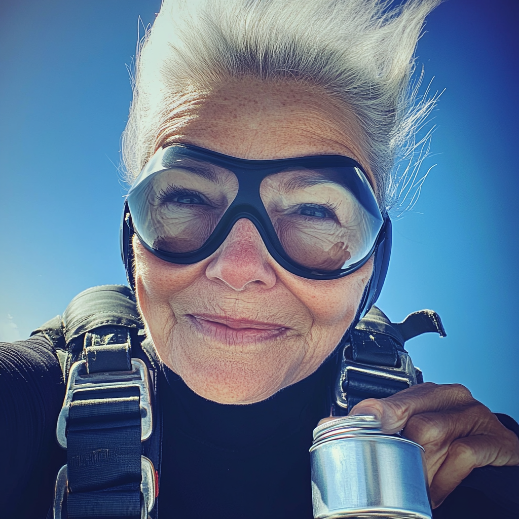 An old woman skydiving and holding a silver tin | Source: Midjourney