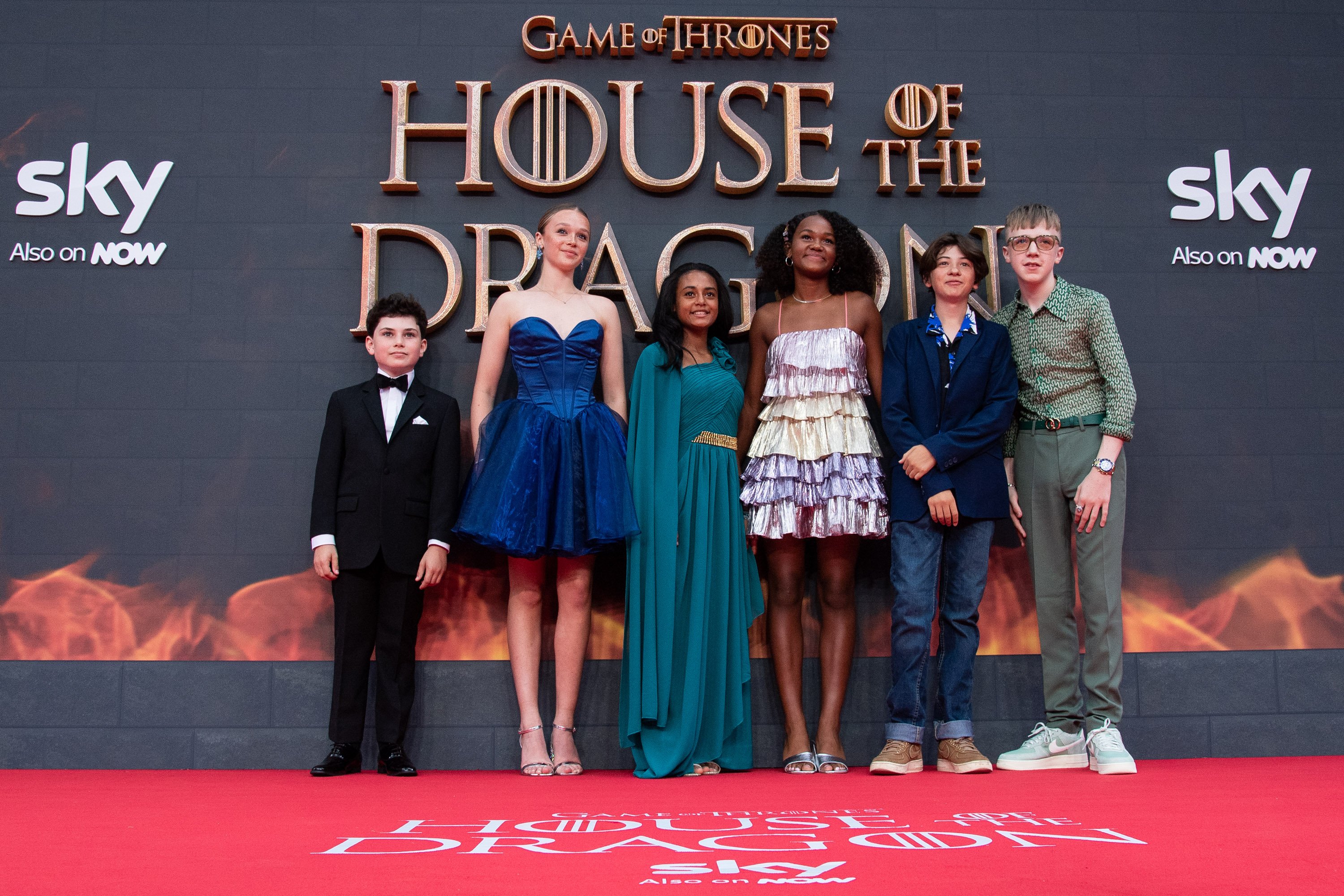 (L-R) Harvey Sadler, Evie Allen, Leo Hart, Eva Ossei-Gerning, Shani Smethurst and Leo Ashton attend the "House Of The Dragon" Premiere on August 15, 2022, in London, England. | Source: Getty Images