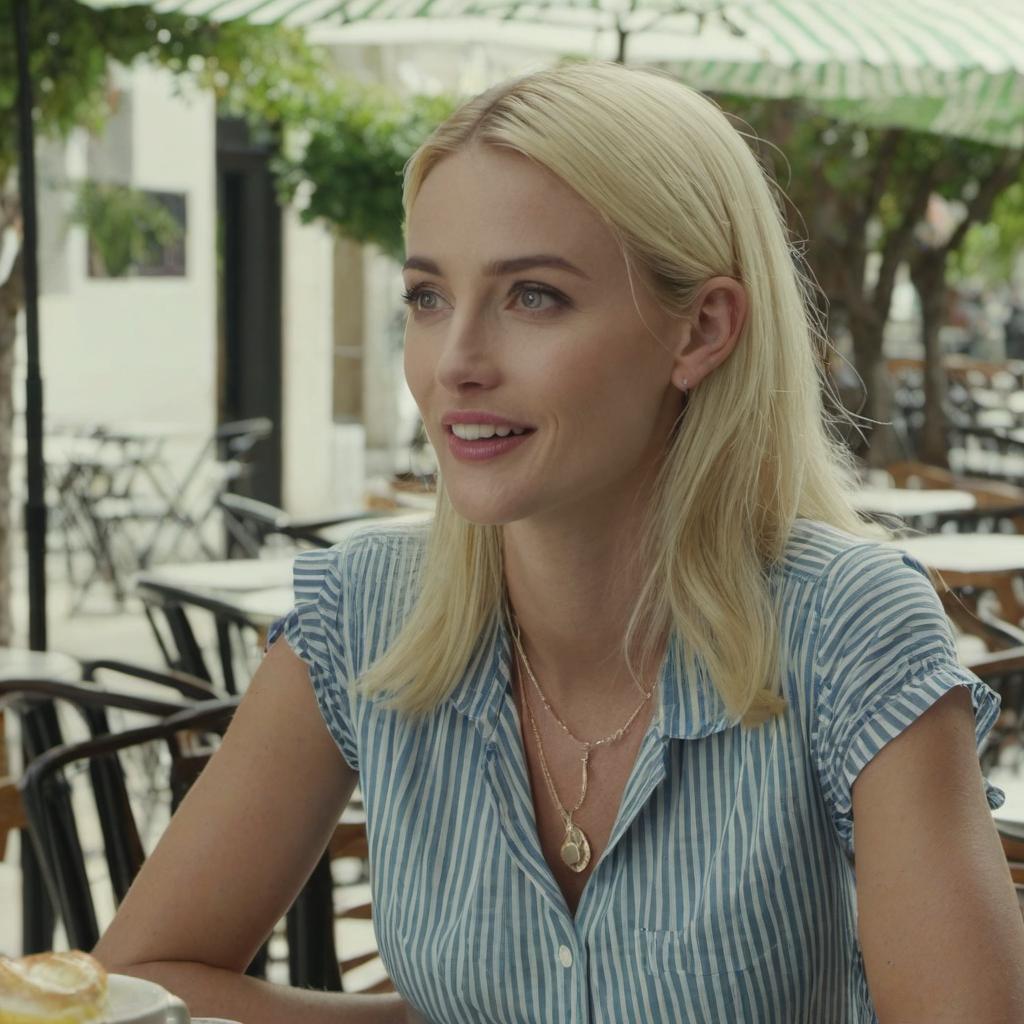 A blonde woman in conversation at a café table | Source: Midjourney