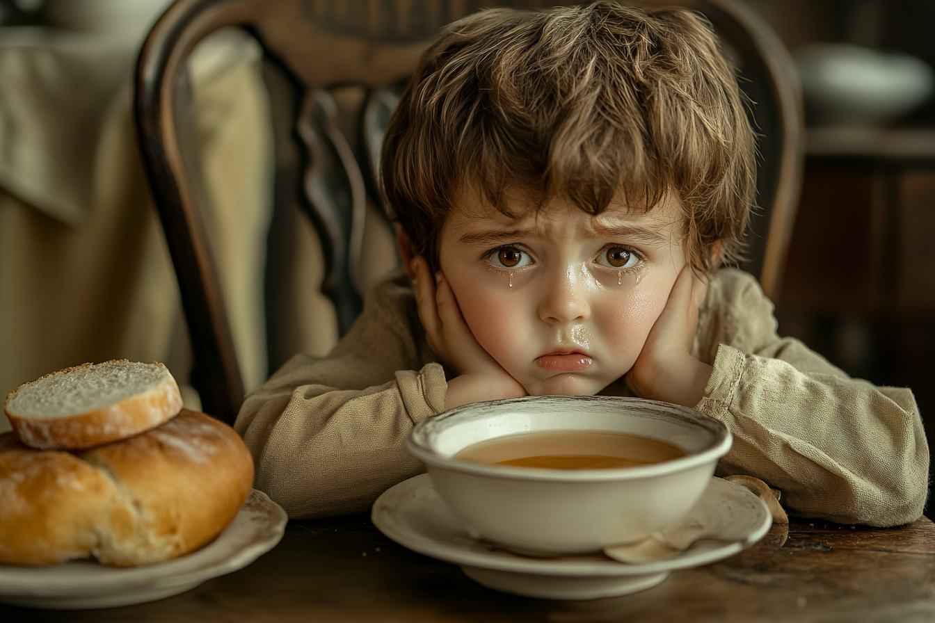 A teary-eyed little boy seated at a dining table | Source: Midjourney