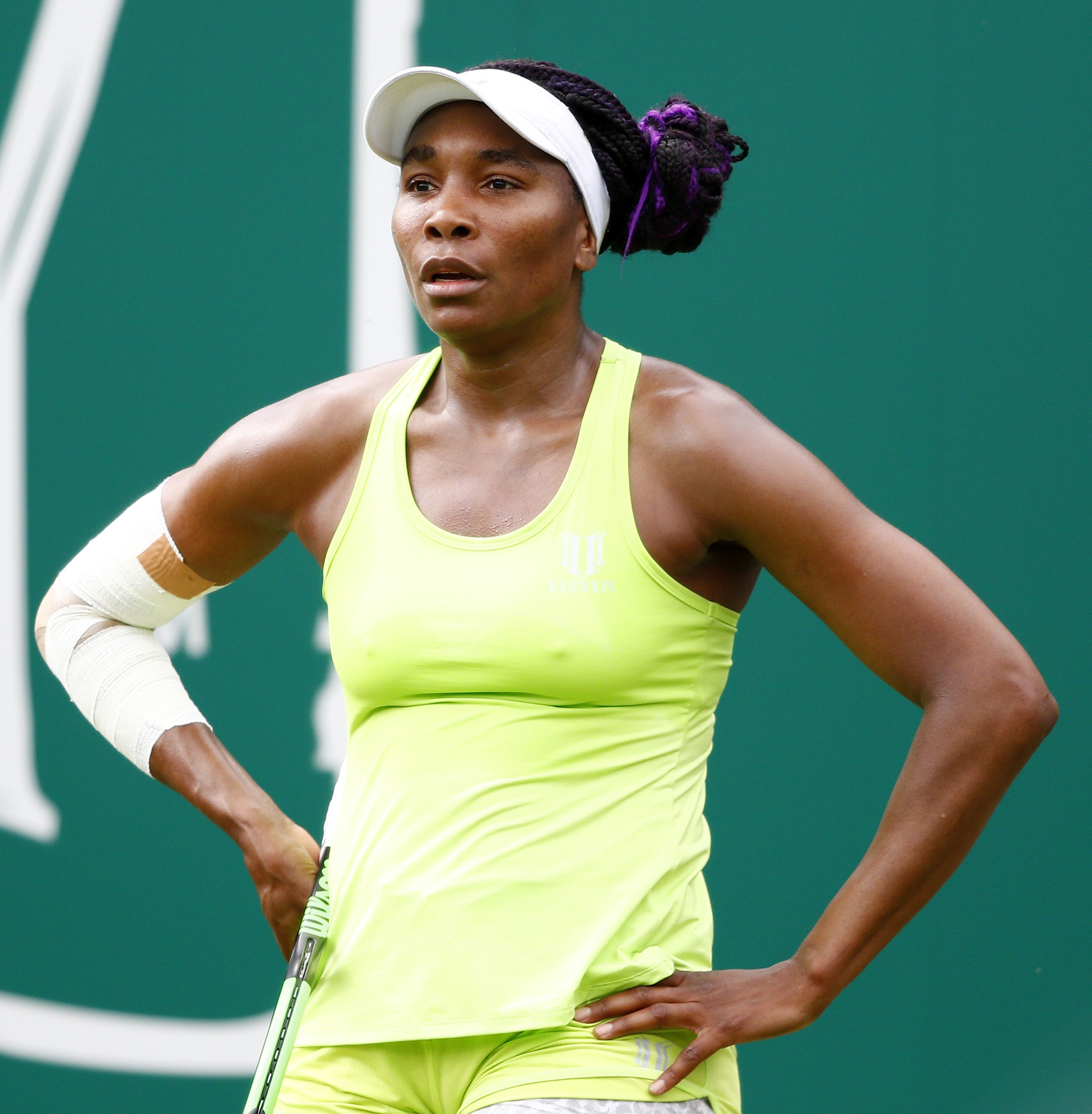 Venus Williams of USA focuses during her second round match agains Ashleigh Barty of Australia during day five of the Nature Valley Classic at Edgbaston Priory Club on June 21, 2019, in Birmingham, United Kingdom. | Source: Getty Images.