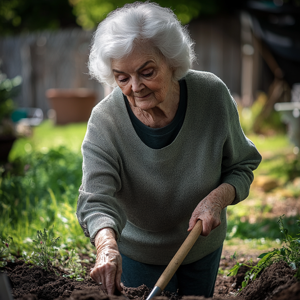 An elderly woman digging with a spade in her garden | Source: Midjourney